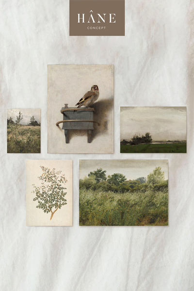 Hane Concept 5'li Doğa ve Manzara Baskı Seti, Vintage Galeri Duvarı, Açık Ren...