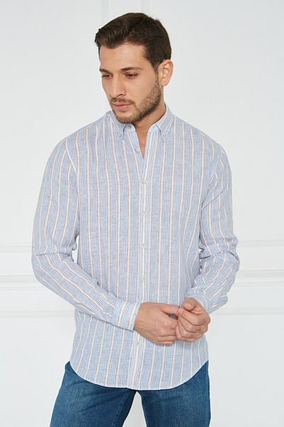 Paşahan Giorgianni Collar Button Striped Linen Slim Fit Shirt