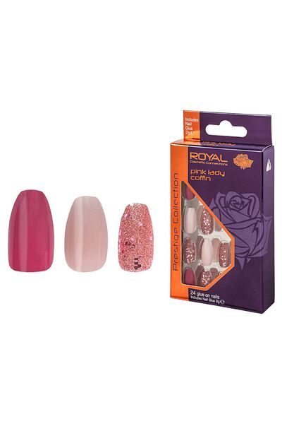 Royal Set de 24 de unghii false din colecția ROYAL Prestige, vârfuri lipite, model Pink Lady Coﬃn, lipici inclus