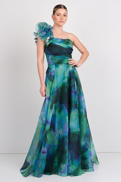 Saygın Women's One Shoulder Patterned Maxi Evening Dress 5632 Green