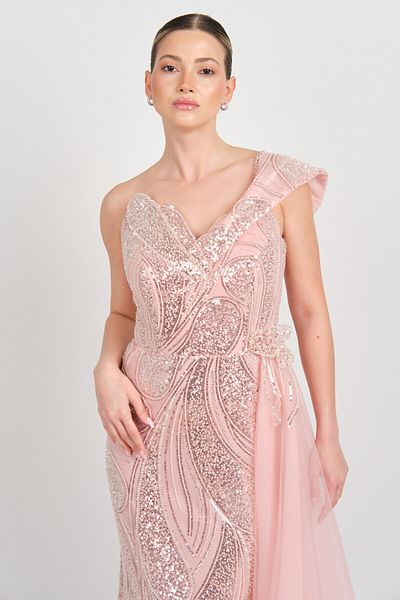 Saygın Women's Full Stone and Sequined One Shoulder Detailed Maxi Evening Dress 5645 Powder