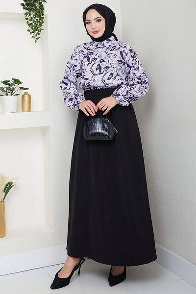 hafsamina Floral Patterned Skirt Suit Purple Hm2739