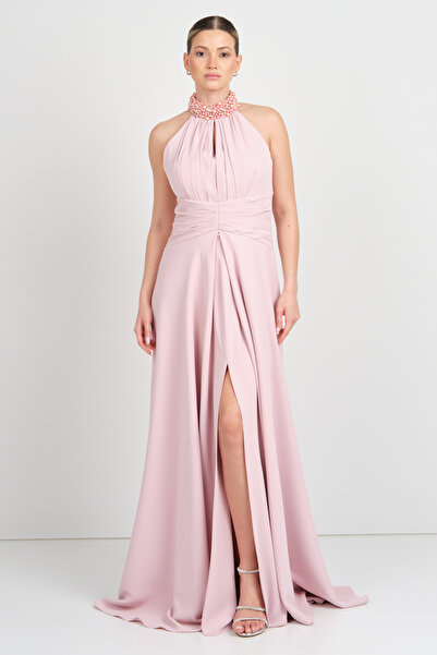 Saygın Women's Halter Neckline and Collar Stone Detailed A-Line Maxi Evening Dress 5619 Powder