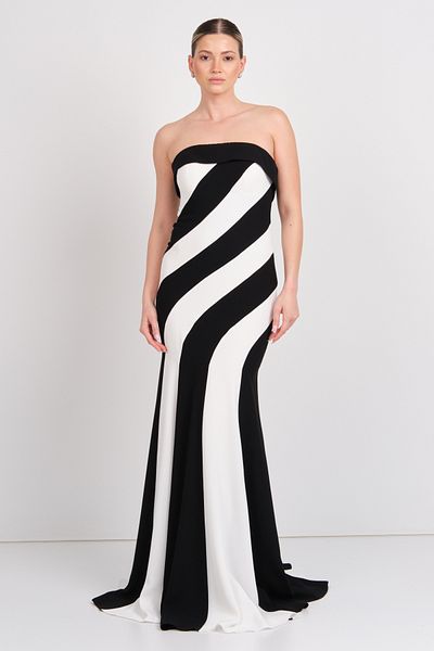 ŞEREF VURAL Şeref Vural Women Strapless Crepe Fabric Fish Form Evening Dress 8333 Black-White