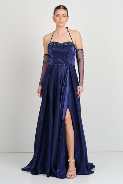 Saygın Women's Halter Neck Stone Embroidered Corsage Maxi Evening Dress 5629 Navy Blue