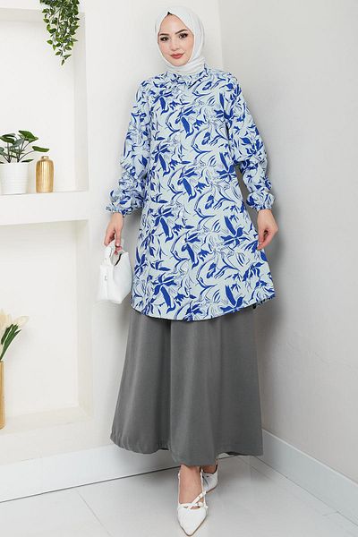 hafsamina Floral Patterned Skirt Suit Indigo Hm2739