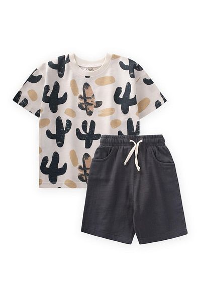 Cigit Cactus Printed T-Shirt Set 2-8 Years Ecru