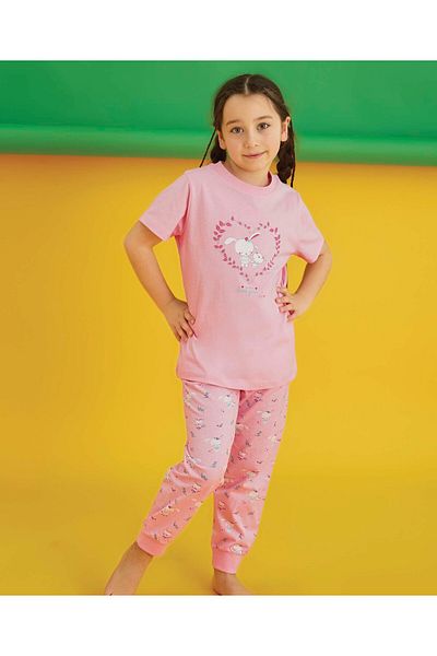 Aydoğan Girls Short Sleeve Pink 100% Cotton Pajamas Suit 250215