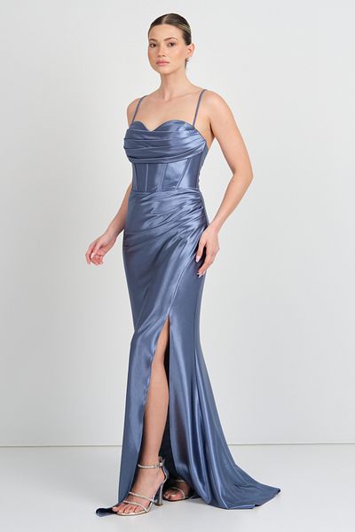 renk abiye Color Women's Rope Strap Draped Waist Corset Fish Form Evening Dress 5118 Indigo