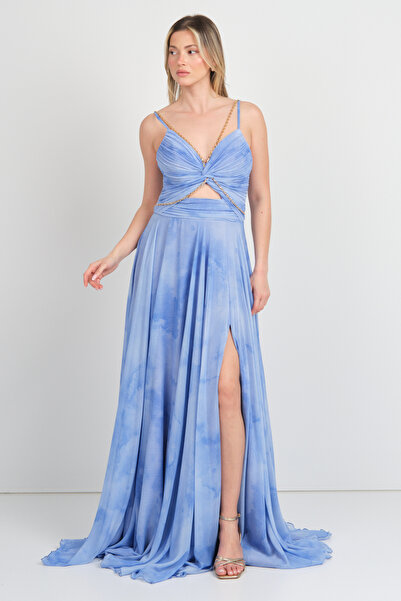ÖMÜR INN Ömür Inn Women's Rope Strap Window Detail Chiffon Maxi Evening Dress...