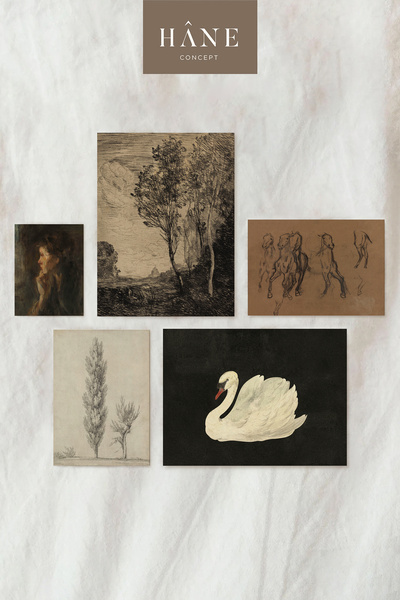 Hane Concept Dark Moody Baskı Seti, Vintage Galeri Duvarı, 5'li Baskı Seti, A...