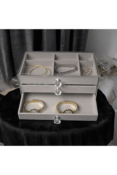 DEKORANLA 3-компонентен комплект за организиране на бижута и аксесоари от сив кадиф