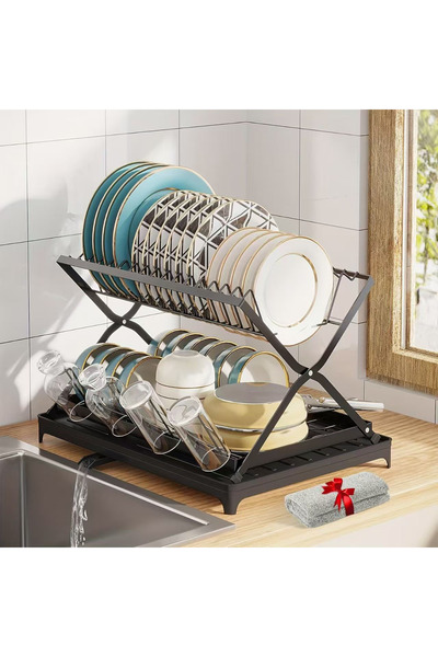 Viyogo 2-tier dish drainer, foldable, drain system, 42 (L) cm x 30 (w) cm x 29.5 (H) cm, black