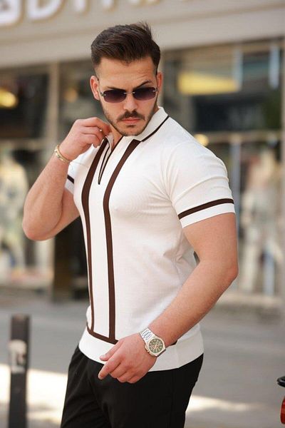 Aymood Men's Zipper Collar Stripe Detailed Short Sleeve T-Shirt