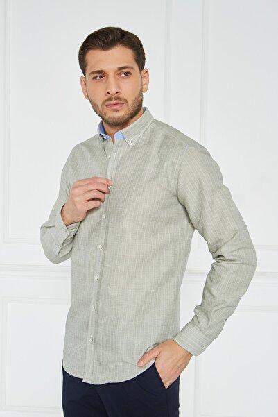 Paşahan Giorgianni Collar Button Striped Linen Slim Fit Shirt
