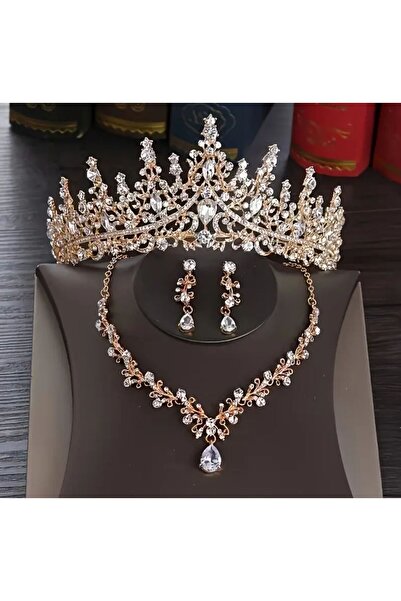 Yıldız Accessory Zirkon Taşlı Işıl Işıl Lüks Gelin Tacı Kolye Küpe Taç Seti Düğün Nişan Kız İsteme Parti Balo