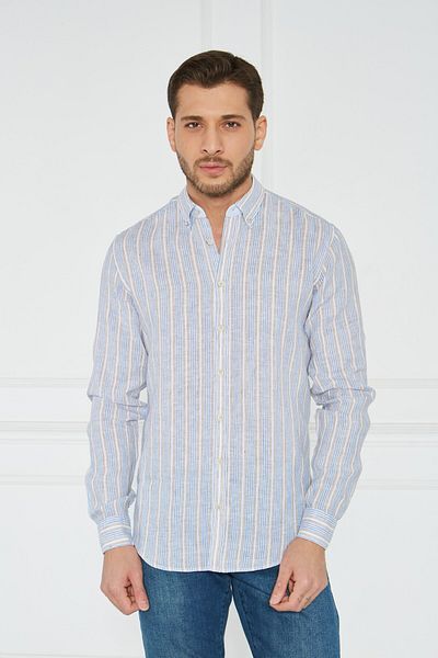 Paşahan Giorgianni Collar Button Striped Linen Slim Fit Shirt
