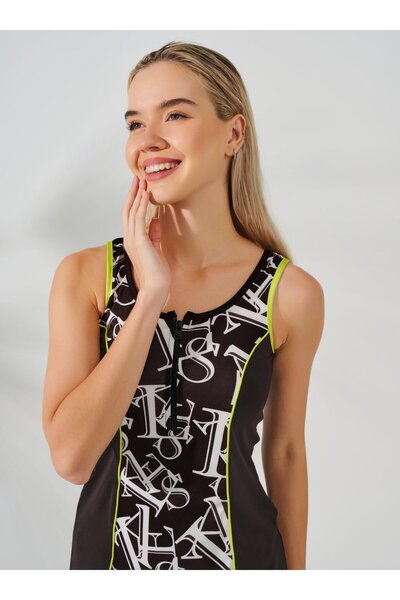 ALFASA Patterned Piping Decorated Strap Semi-Closed Swimsuit - Black -