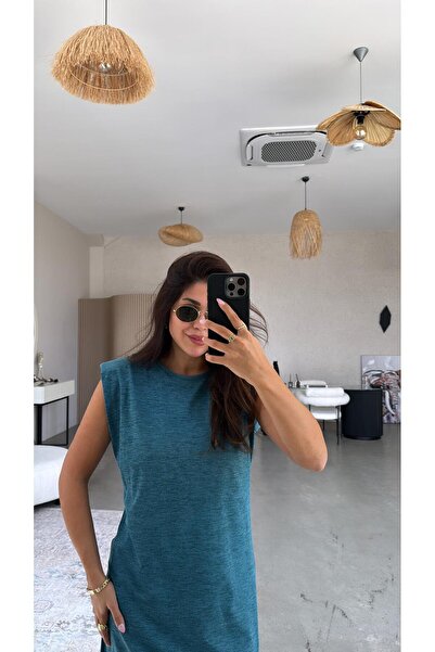 Buket Teke Petrol Yeşili Kırçıllı Vatkalı Elbise
