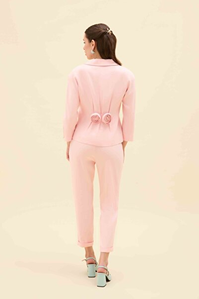 gold fairy ARKASI GÜL DETAYLI KETEN BLAZER CEKET