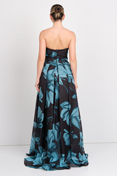 ŞEREF VURAL Şeref Vural Women's Strapless Floral Patterned Maxi Evening Dress 8381 Petrol