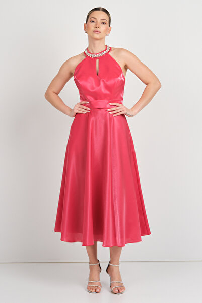 Saygın Women's Halter Neckline Satin Midi Evening Dress 5624 Red
