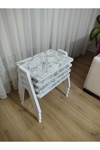 GÜVENÇ Zigon Sehpa 4'Lü Mermer Desenli Tepsi Model