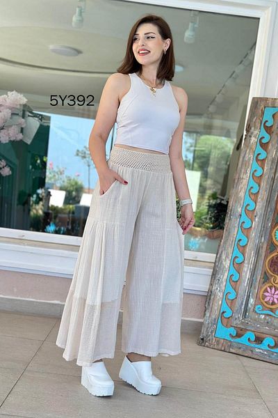 İnce Topuk Mesh Detail Wide Leg Linen Trousers 5Y392