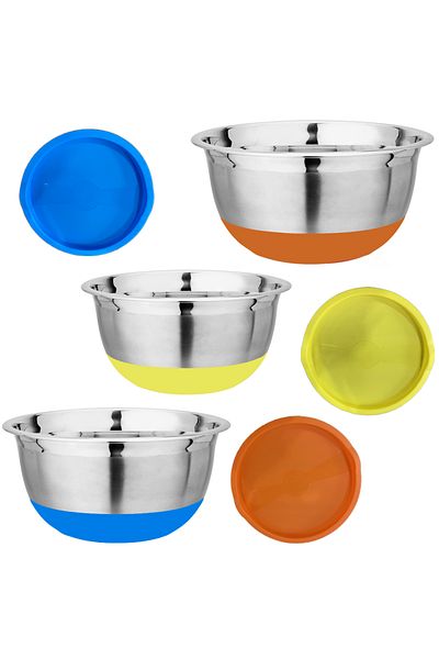 Bukate Set of 3 Bowls with Colored Lids and Coasters, Bucate, Stainless Steel, 6 Pieces, Airtight Seal