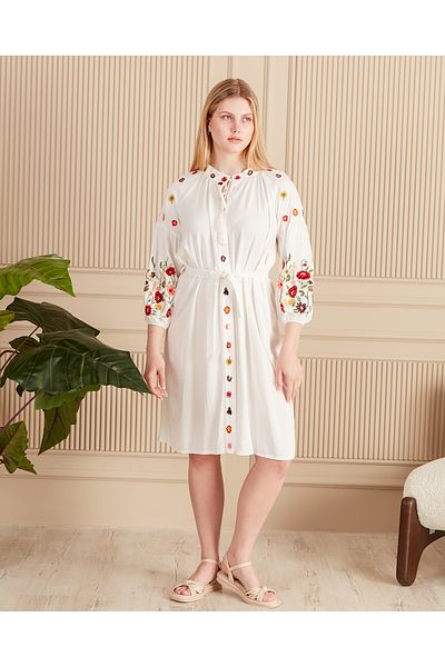 EL jadida Women's Embroidered Belted Buttoned Short Plus Size Viscose Dress White