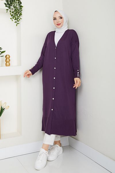 Pamuk Butik Women's Mercerized Button Detailed Full Length Knitwear Cardigan