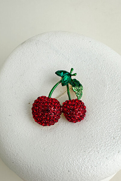 Modex Yaprak Detay Kırmızı Taşlı Kiraz Broş (4cm)