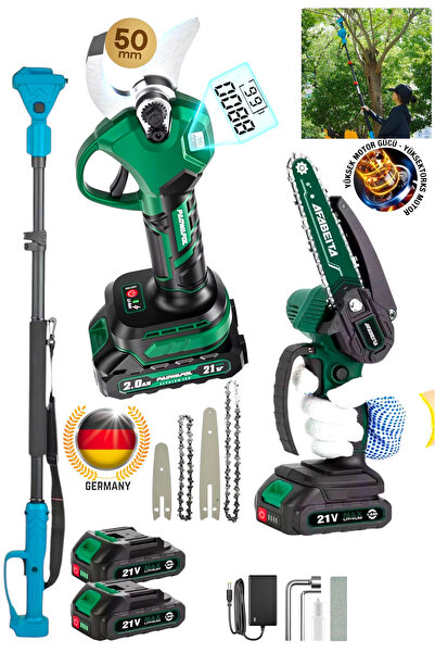 CETHERR GERMAN Teleskopik Set Göstergeli Şarjlı Dal Budama Bağ Makası 50mm Ot...