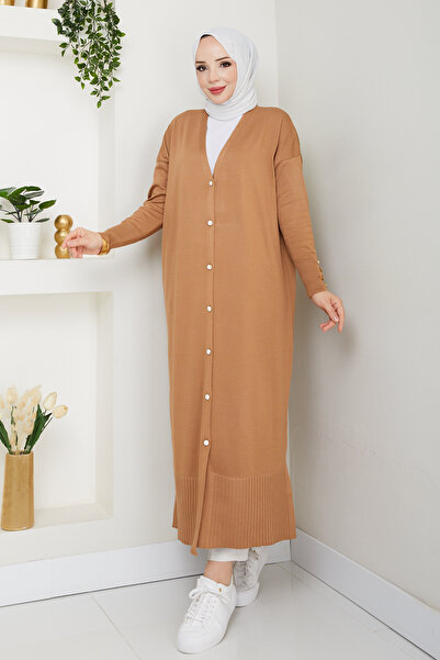 Pamuk Butik Women's Mercerized Button Detailed Full Length Knitwear Cardigan