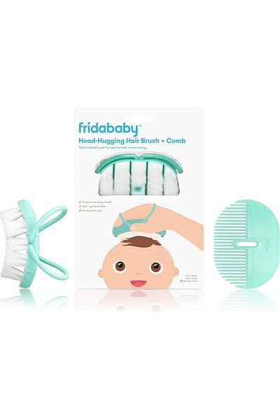 FridaBaby فرشاة شعر لحديثي الولادة + مشط + حافظة (تاخذ شكل الرأس + مشط)، ابيض