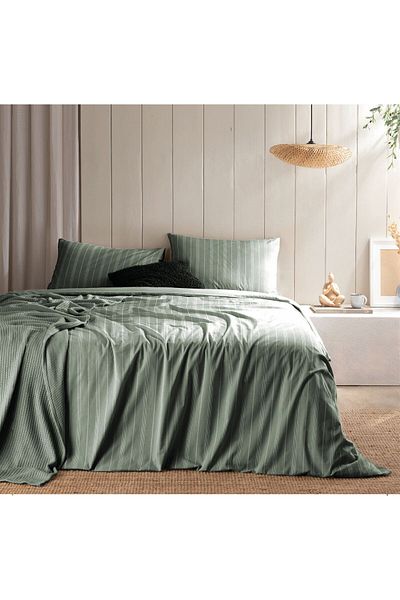 Bayev The Time Green Color Striped Modern Double Duvet Cover Set