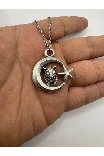 Herşey Nota Moon Star and White Wolf Figured Necklace – Silver Color Turkish Motif Unisex Metal Jewelry