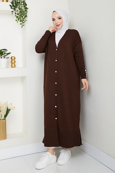 Pamuk Butik Women's Mercerized Button Detailed Full Length Knitwear Cardigan