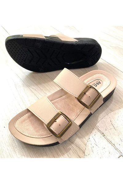 Demashoes Μπεζ διπλή πόρπη Ορθοπεδική σόλα καθημερινή κομψή παντόφλα