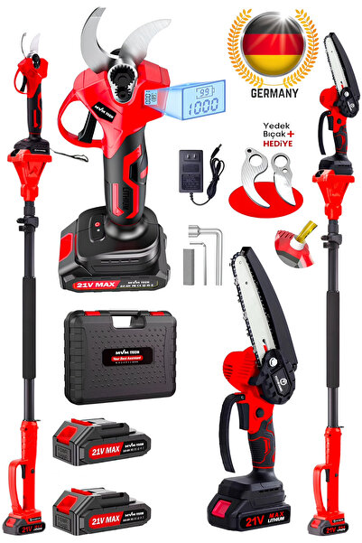 SCHUTZENGER Teleskopik Set Göstergeli Şarjlı Dal Budama Bağ Makası 50mm Otoma...