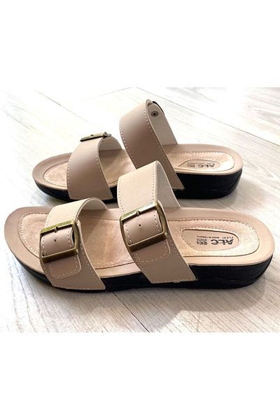 Demashoes Μπεζ διπλή πόρπη Ορθοπεδική σόλα καθημερινή κομψή παντόφλα