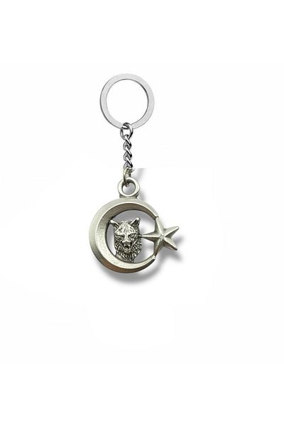 Herşey Nota Metal Keychain with Wolf and Moon Star Figure – Silver Color Unisex Accessory with Turkish Motif
