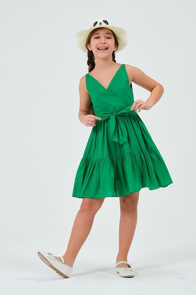 Modaviki Girls Pleated V Neck Dress Green Kvc1003