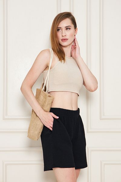 ESPOİRPLUS Women's Black Color Muslin Fabric Pocket Detail Comfortable Spacious Shorts