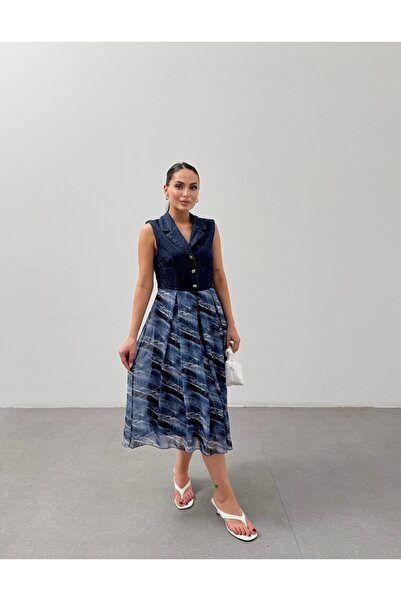 ZY BUTİK Navy Blue Men's Collar Sleeveless Chiffon Skirt Midi Length Denim Dress