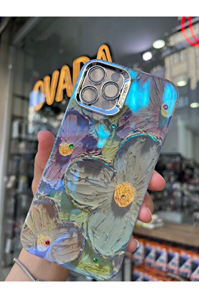 OVADA İPhone 12 Pro Uyumlu Simli Kamera Korumalı Çiçek Desenli Taşlı Hologramlı Lüks Kılıf