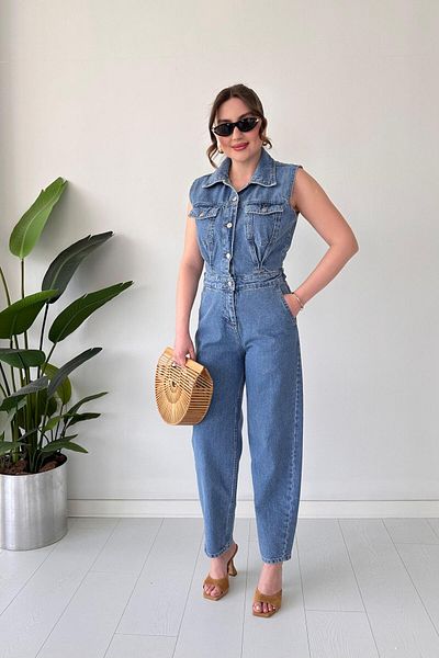 MaziButik Sleeveless Denim Jumpsuit Navy Blue