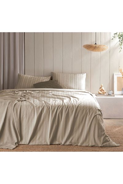 Bayev The Time Beige Color Striped Modern Double Duvet Cover Set