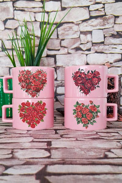 qoeuyl boutique Rose Printed Presentation Dowry Pink Four Cup Cup Set