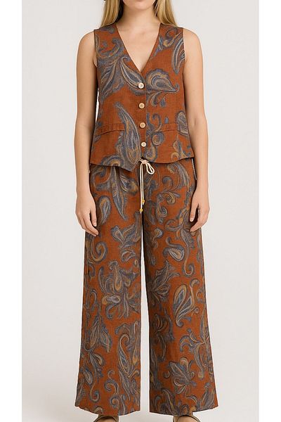 Butik Ayseba Women's Shawl Pattern Tile Color Vest Italian Linen Suit
